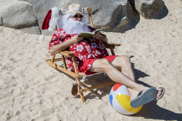 roman de lecture du père noël sur la plage ensoleillée - swimming trunks shorts swimming shorts clothing photos et images de collection