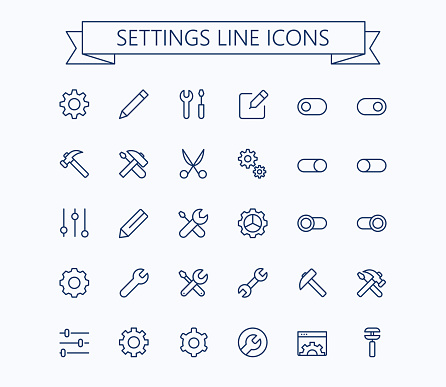 Setting  thin line mini icons set. 24x24 Grid. Pixel Perfect.Editable stroke. eps 10