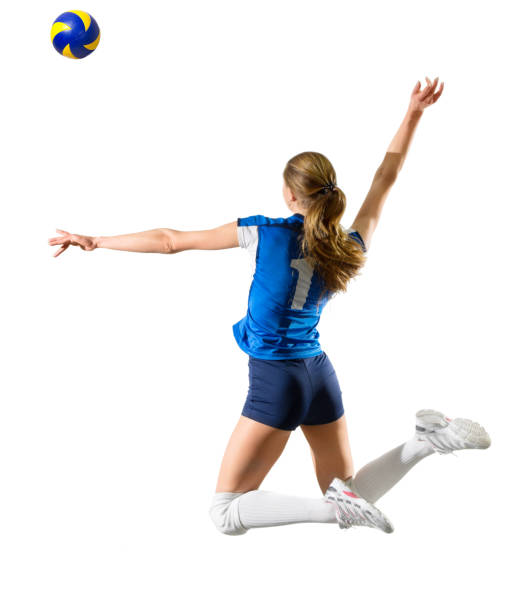jugador de voleyball de mujer aislado (ver con bola) - isolated volleyball women adult fotografías e imágenes de stock