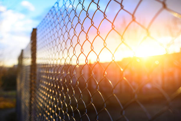 fence with metal grid in perspective fence with metal grid in perspective, background grill rods stock pictures, royalty-free photos & images