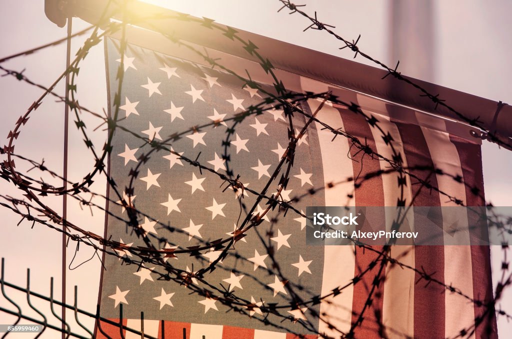 American flag and barbed wire, USA border Frame - Border Stock Photo
