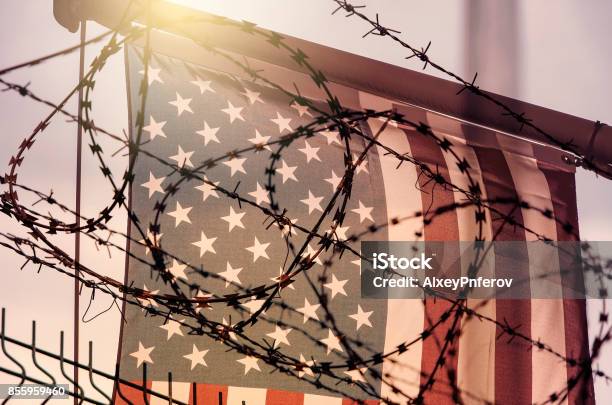 American Flag And Barbed Wire Usa Border Stock Photo - Download Image Now - Frame - Border, USA, Mexico