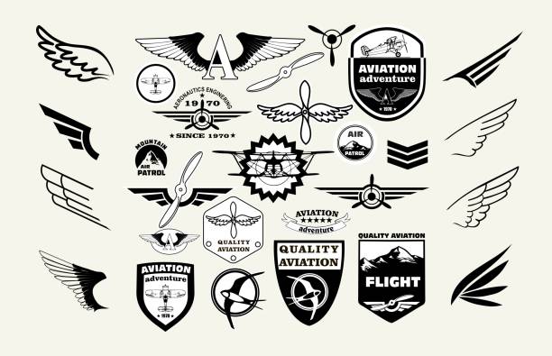 monochrome mega set von retro-embleme, design-elemente, abzeichen und logo-patches auf dem thema luftfahrt - small airplane air vehicle propeller stock-grafiken, -clipart, -cartoons und -symbole