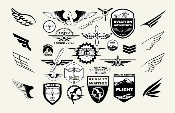 illustrazioni stock, clip art, cartoni animati e icone di tendenza di mega set monocromatico di emblemi retrò, elementi di design, badge e patch con logo sull'aviazione a tema - retro theme