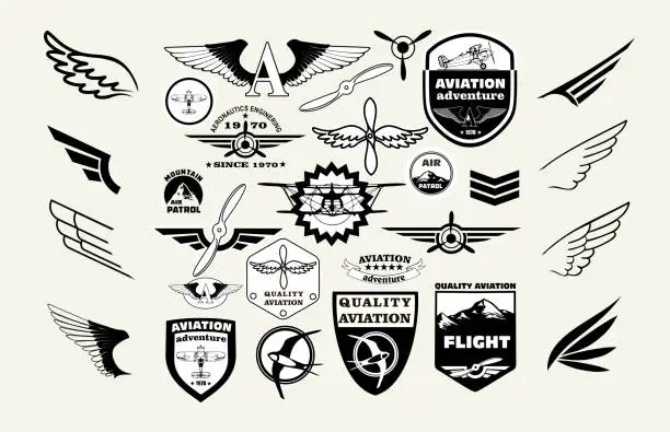 Vector illustration of Monochrome Mega Set of retro emblems, design elements , badges and logo patches on the theme aviation