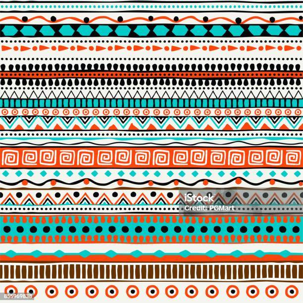 Vector Ethnic Seamless Pattern Hand Drawn Tribal Striped Ornament Design Concept For Fashion Print Backgrounds Greeting Cards Holiday Package And Wrapping Purple Green And Orange Colors Stock Illustration - Download Image Now