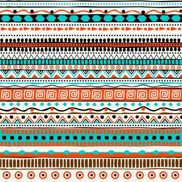 Vector illustration of Vector ethnic seamless pattern. Hand drawn tribal striped ornament. Design concept for fashion print, backgrounds, greeting cards, holiday package and wrapping. Purple, green and orange colors