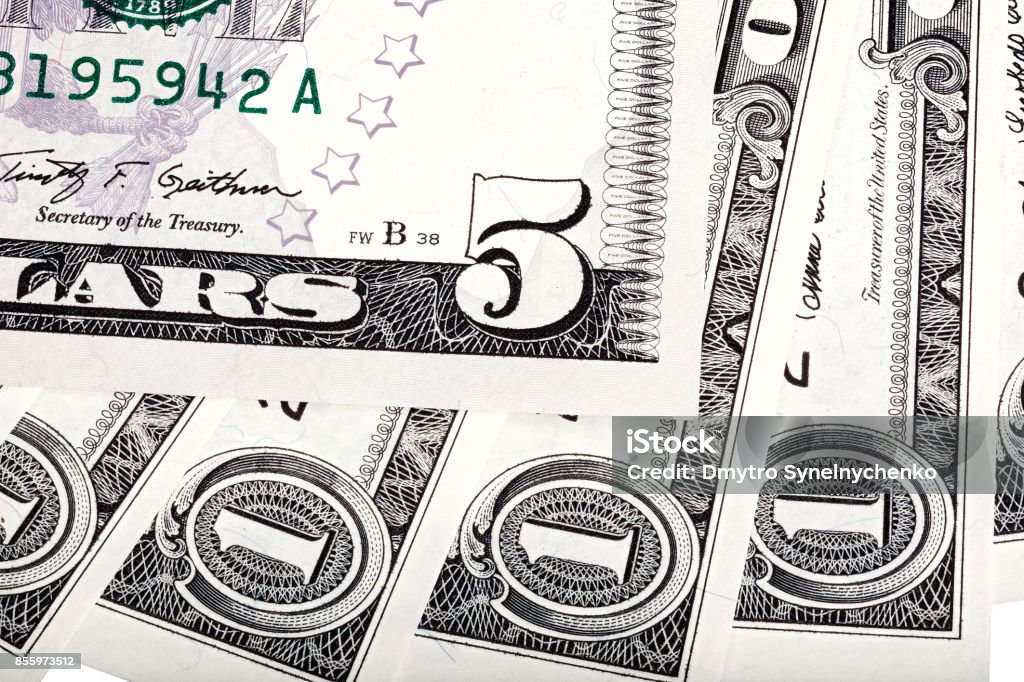 One dollar banknotes and five dollar bill abstract backgroun One dollar banknotes and five dollar bill abstract background. High resolution photo. Accountancy Stock Photo