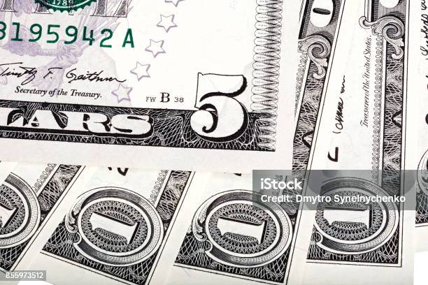 One Dollar Banknotes And Five Dollar Bill Abstract Backgroun Stock Photo - Download Image Now