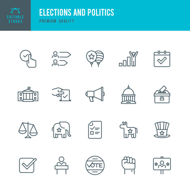 ilustraciones, imágenes clip art, dibujos animados e iconos de stock de elecciones y política - conjunto de iconos de línea delgada - política