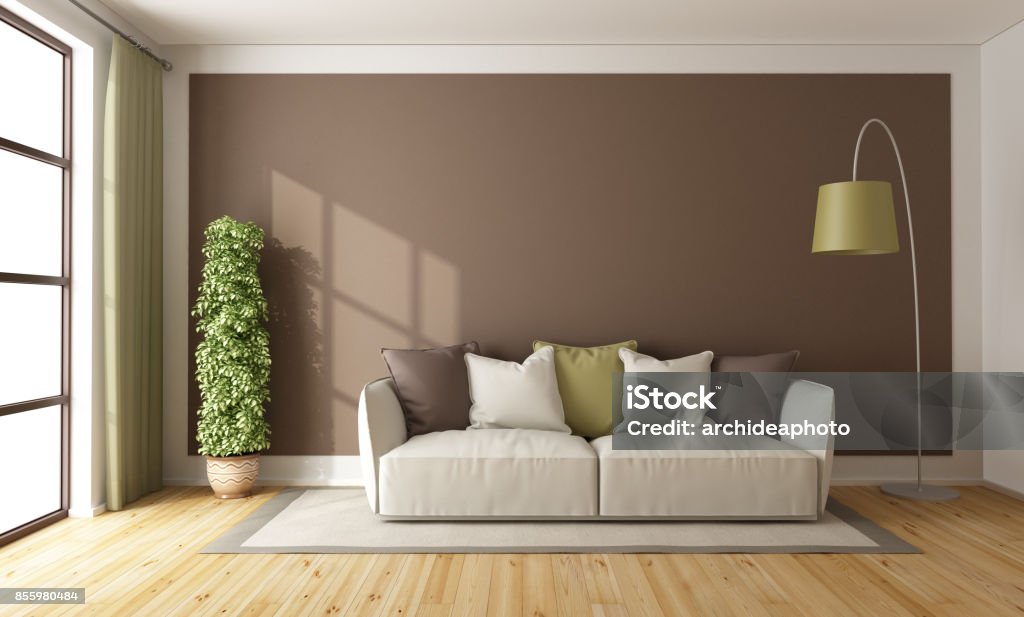 Brown living room Brown living room with sofa on carpet and floor lamp - 3d rendering
 Apartment Stock Photo