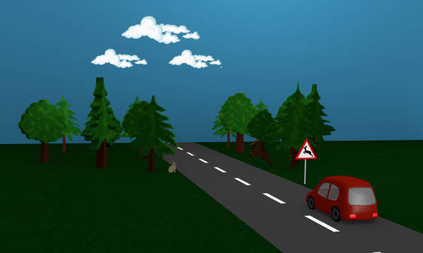 istock Country road with forest, deer hare and car. 855983484