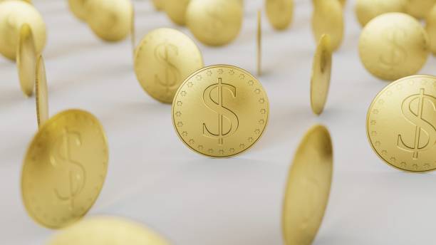 istock Uniformly packed grid of Gold Dollar Symbol Coins under neutral studio lighting. 855983660