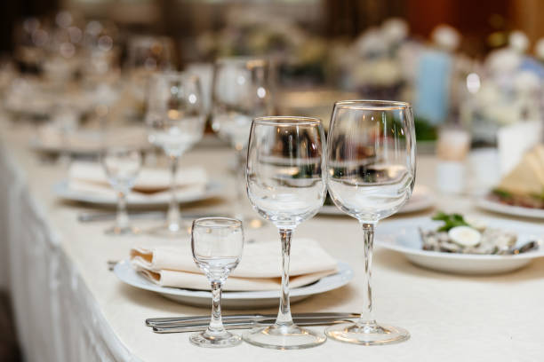 istock Closeup shot of empty wine glasses 855985968