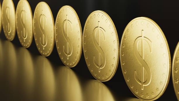 istock Endless line of Gold Dollar Symbol Coins on a modern surface 855990470