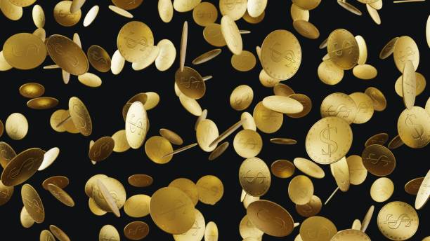 istock Numerous Gold Dollar Symbol Coins floating on a clean black background 855990876