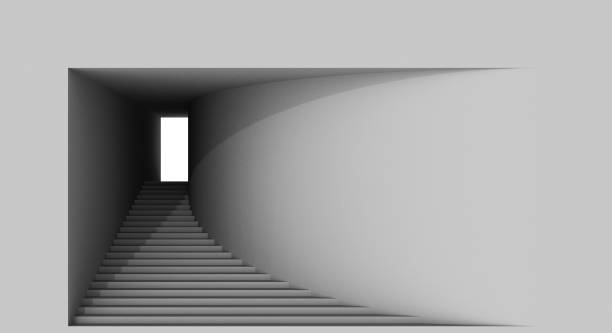 istock 3d black and white rendered image. Light at the end of the tunnel. 855994098