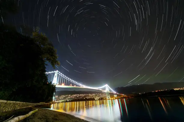 startrails and northern lights over Lions Gate Bridge, Vancouver, BC, Canada