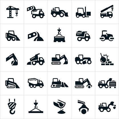 An icon set of heavy equipment such as cranes, dump trucks, excavator, fork lift, loader, grader, wrecking ball, cement truck and bulldozer to name a few.
