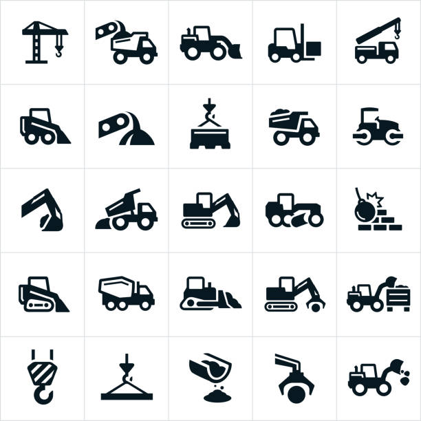 Heavy Equipment Icons An icon set of heavy equipment such as cranes, dump trucks, excavator, fork lift, loader, grader, wrecking ball, cement truck and bulldozer to name a few. crane construction machinery stock illustrations