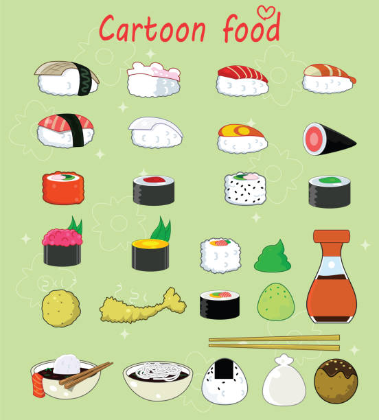 ilustraciones, imágenes clip art, dibujos animados e iconos de stock de conjunto de dibujos animados de rollos de sushi - smoked salmon illustrations