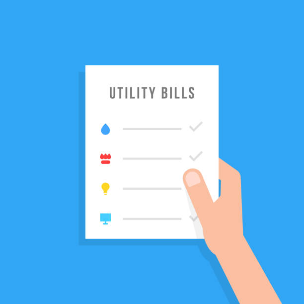 hand holding sheet with utility bills hand holding sheet with utility bills. simple flat style trend modern graphic creative design. concept of check transaction of money for house rent or contract document for tenant or renter invoice pad stock illustrations