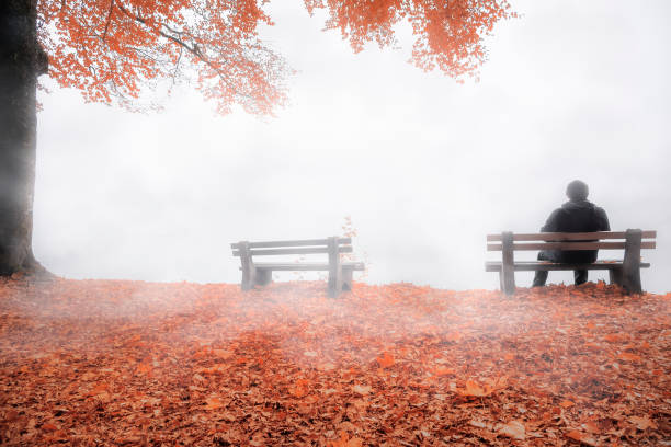 istock Man on bench shrouded by mist in autumn decor 856014280