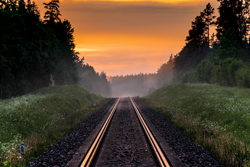 railroad, mist and sunset and forest