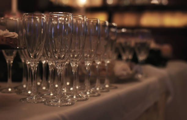 istock Wine glasses on the table served for the reception in the restau 856017968