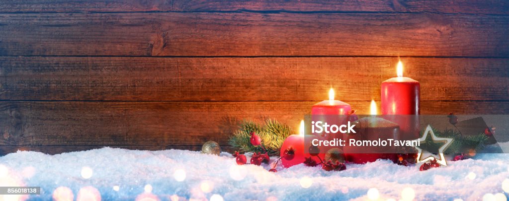 Advent Red Candles On Snow With Vintage Wood Four Red Candles With Christmas Decoration Advent Stock Photo