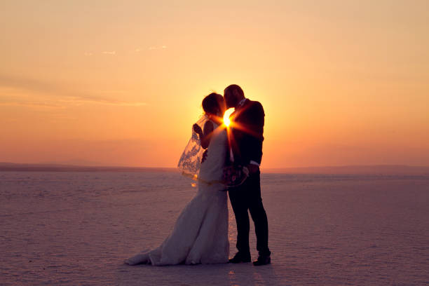 istock Bride and groom kissing on snow 856020850