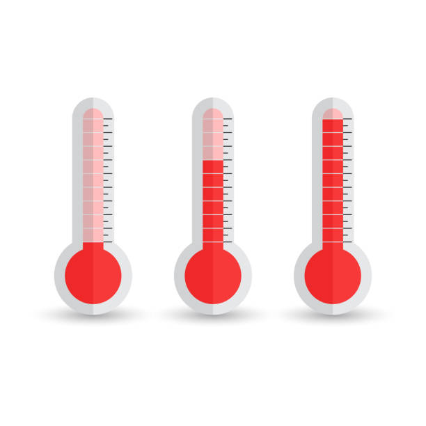 illustrations, cliparts, dessins animés et icônes de icône de thermomètres avec différents niveaux. illustration de vecteur plat isolé sur fond blanc. - barometer heat thermometer sun