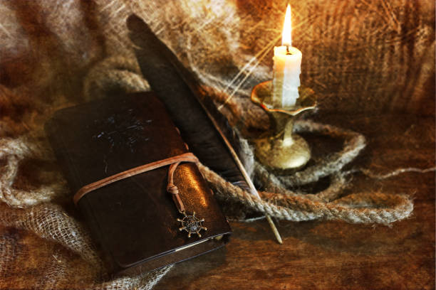 istock retro scratched effect on photo book candle feather and rope 856048770