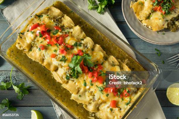 Homemade Green Chicken Enchiladas Stock Photo - Download Image Now - Enchilada, Green Color, Chicken Meat