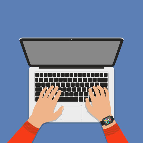 Hands on laptop keyboard with blank screen monitor. Flat style. Hands on laptop keyboard with blank screen monitor. Flat style vector illustration. typing on computer keyboard stock illustrations