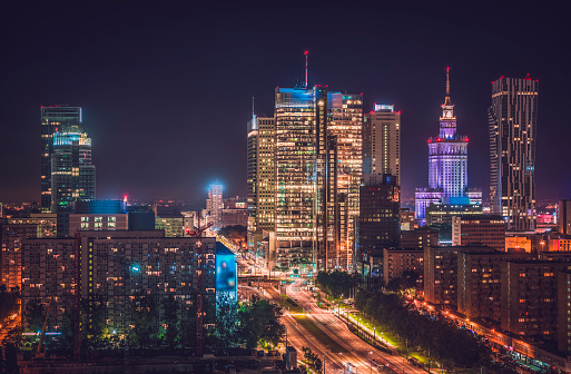 Warsaw downtown panorama at night, Poland. Polish capital