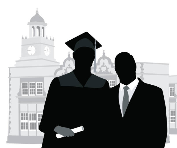 Print A vector silhouette illustration of a proud father standing beside his graduate son wearing a mortarboard and graduation gown holding a diploma. graduation photos stock illustrations
