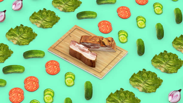 High contrast vibrant colored concept, showing vegetables, in contrast with raw bacon meat peace. There are cucumbers, tomatoes, lettuce, onions, with wooden place with meat in center. Raw food vegan vs meat concept. Background is vibrant greent. horizontal composition
