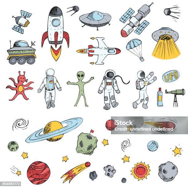 Colorful Vector Hand Drawn Doodles Cartoon Set Space Objects Space Ships Rockets Planets Flying Saucers Cosmonauts Stars Comets Satellites Ufo Etc Stock Illustration - Download Image Now