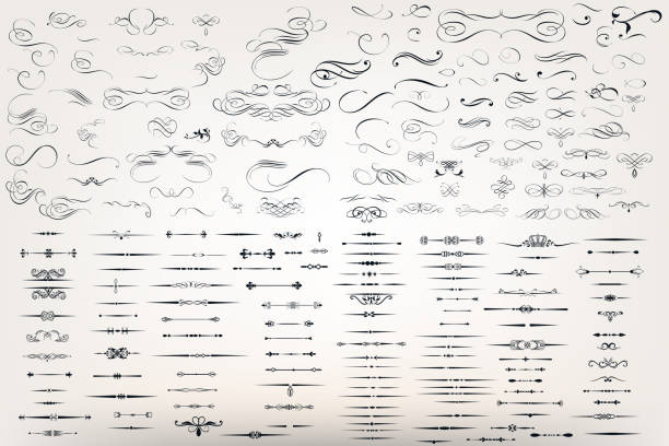 Huge set or collection of vector filigree flourishes for design Huge set or collection of vector filigree flourishes for design swirl pattern stock illustrations