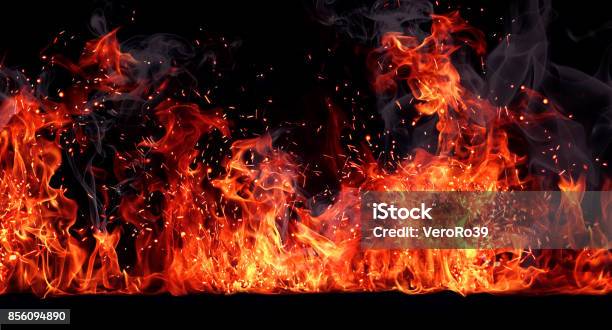 Texture Of Fire On A Black Background Stock Photo - Download Image Now - Flame, Fire - Natural Phenomenon, Flaming Torch