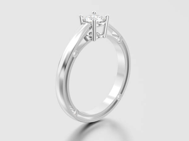 illustrazione 3d oro bianco o argento decorativo solitario impegno anello di diamanti con ombra e riflessione - jewelry gem gold reflection foto e immagini stock