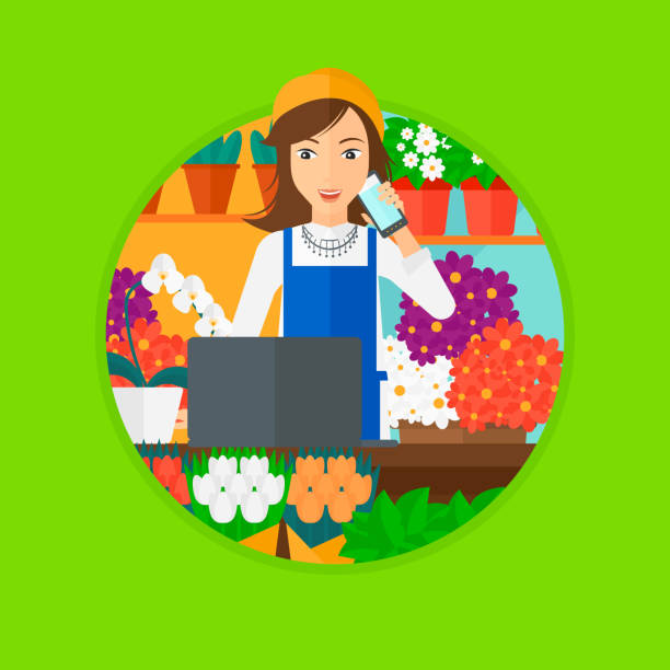 Florist at flower shop A female florist using telephone and laptop to take orders for flower shop. A florist standing behind the counter at flower shop. Vector flat design illustration in the circle isolated on background. small business owner on computer stock illustrations