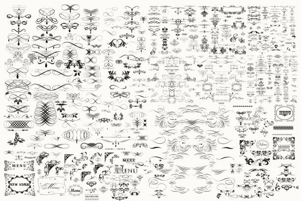 ilustrações de stock, clip art, desenhos animados e ícones de huge mega big collection or set of vector decorative elements for design - old scroll illustrations