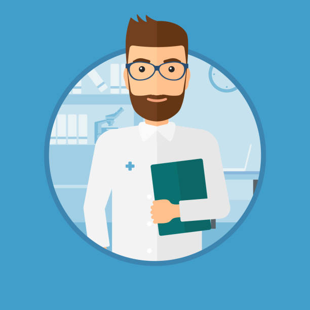 Doctor with file in medical office Friendly doctor holding a file in medical office. Hipster doctor with the beard carrying folder of patient or medical information. Vector flat design illustration in the circle isolated on background. cartoon of medical records stock illustrations