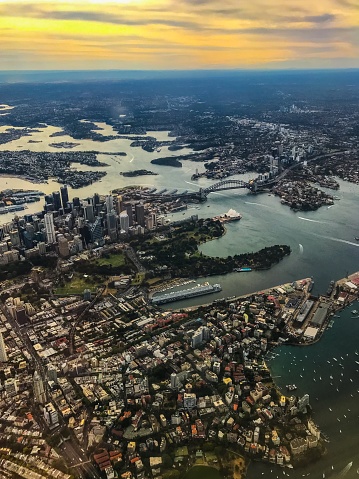 An aerial view of Sydney Harbour taken from an aeroplane