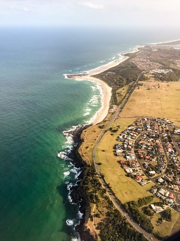 Aerial view taken from an aeroplane of the coastline between Ballina and Lennox Head