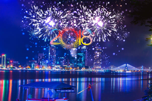 istock Cheerful fireworks display in city night and bridge 856123284