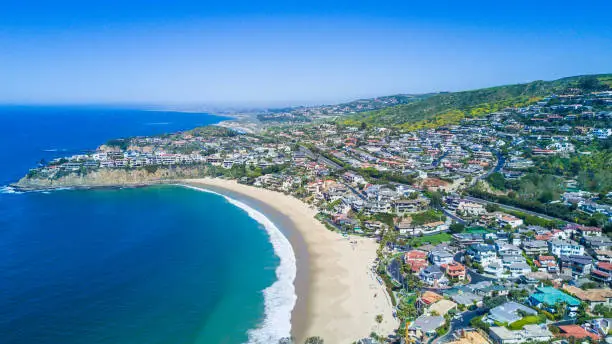 View of Crescent Bay in Laguna Beach, Orange County, Southern California overlooking Emerald Bay.  OC received exceptional rain in 2017 which caused the foliage to be extra lush - much more than usual.