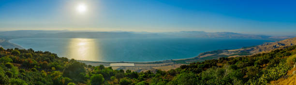 Panoramic view of the Sea of Galilee Panoramic view of the Sea of Galilee (the Kinneret lake), from the east, Northern Israel sea of galilee stock pictures, royalty-free photos & images